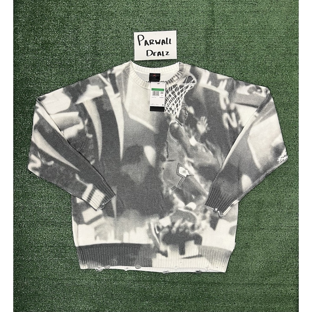 Nike Air Jordan Print Sweater Knit Sail/Gray Loose Fit Distressed‎ XL HQ1635-133